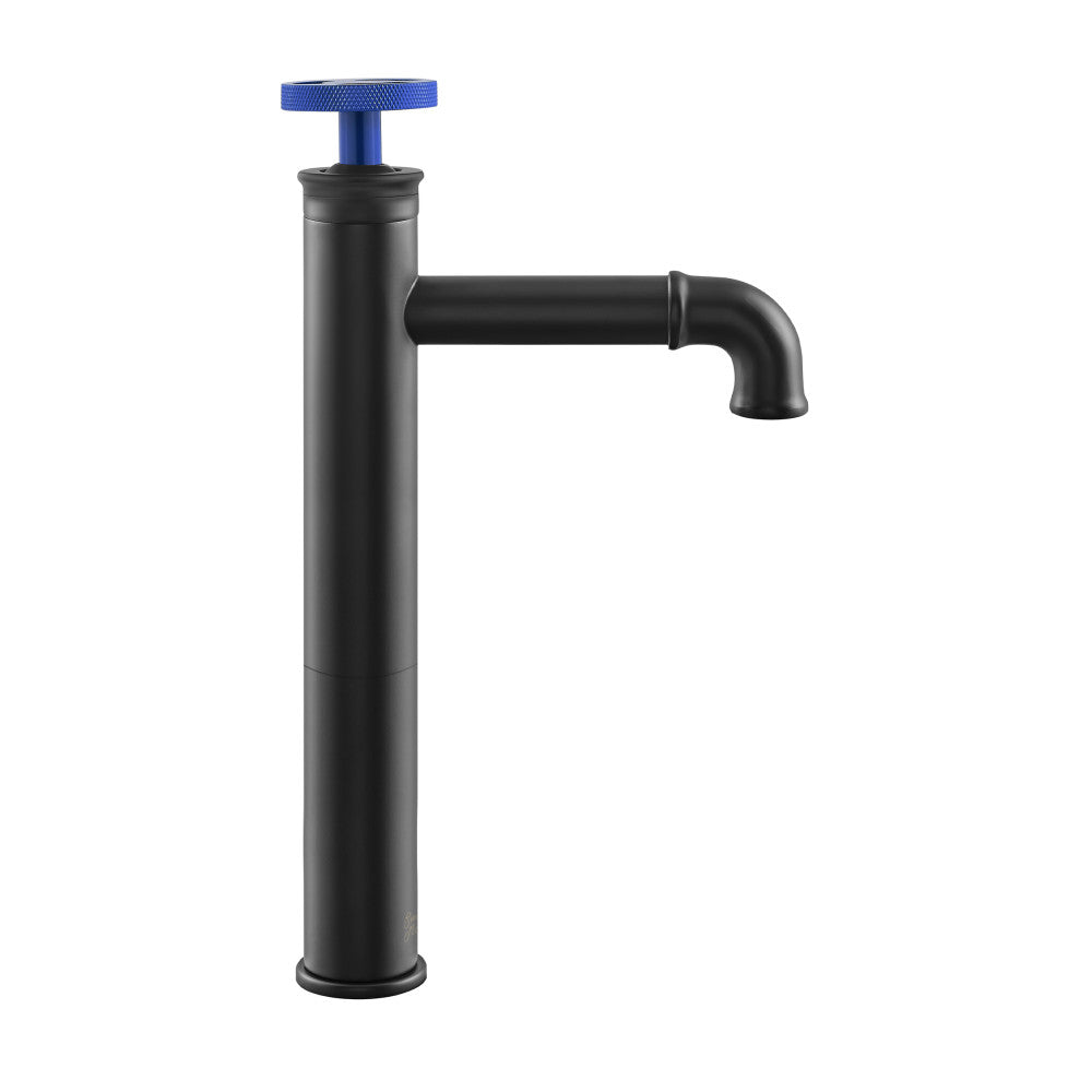 Swiss Madison Avallon Single Hole, Single-Handle Wheel, High Arc Bathroom Faucet in Matte Black with Blue Handles