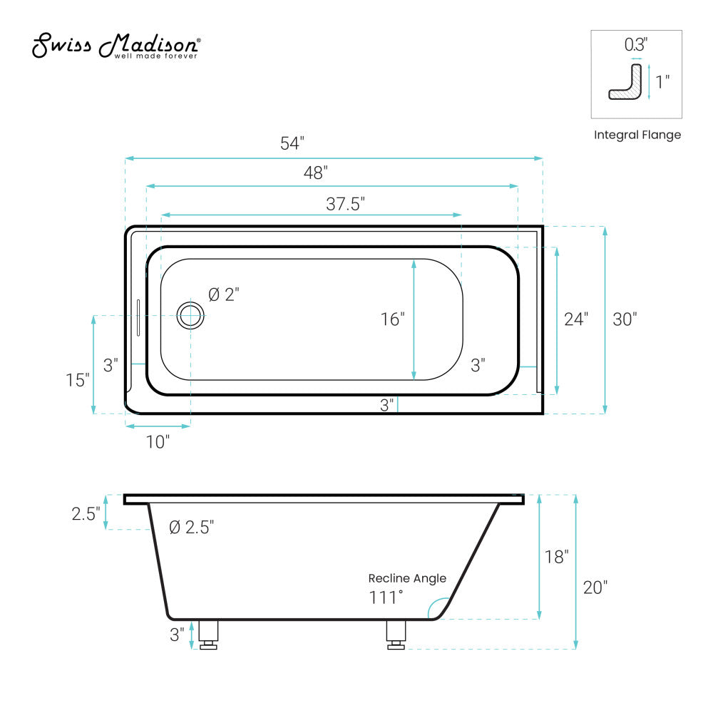 Swiss Madison Voltaire 54 x 30 Left Drain Soaking Alcove Bathtub in Glossy White with Integrated Overflow, Drain Included
