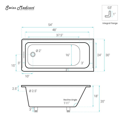 Swiss Madison Voltaire 54 x 30 Left Drain Soaking Alcove Bathtub in Glossy White with Integrated Overflow, Drain Included