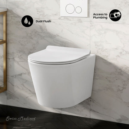 Swiss Madison Calice Wall-Hung Toilet Bundle 0.8/1.6 GPF Dual Flush in Glossy White with White Flush Plate