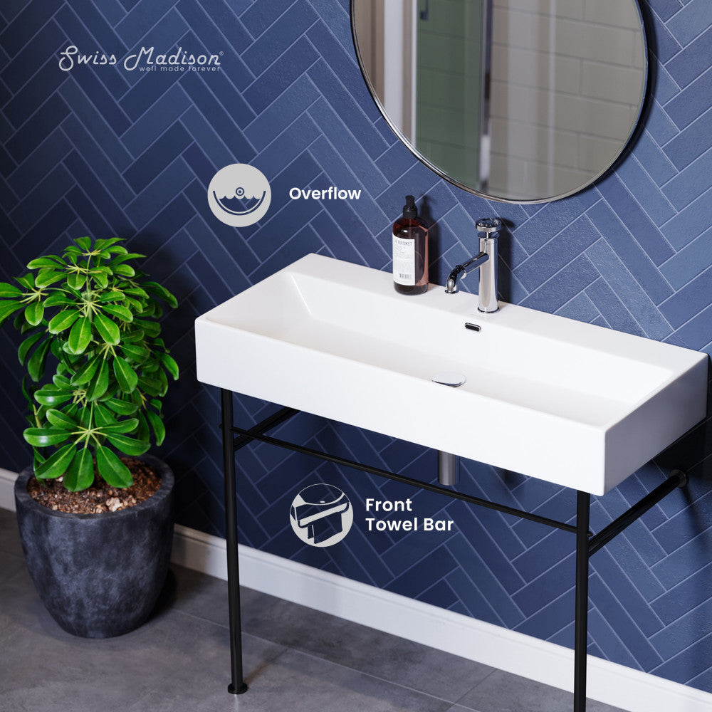 Swiss Madison Claire 40 Ceramic Console Sink White Basin Black Legs