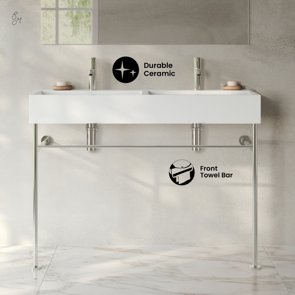 Swiss Madison Claire 48" Double Basin Console Sink with Polished Chrome Legs
