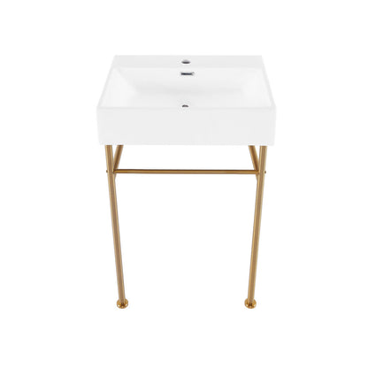 Swiss Madison Claire 24 Ceramic Console Sink White Basin Brushed Gold Legs