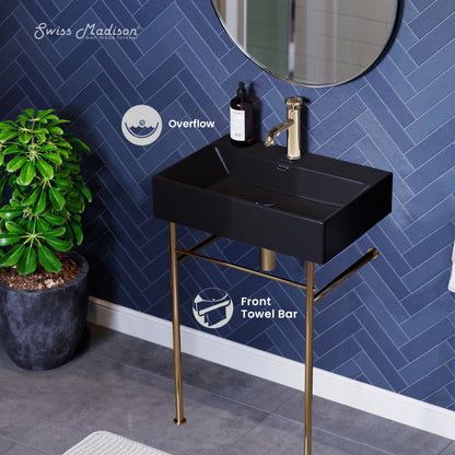Swiss Madison Claire 24 Ceramic Console Sink Matte Black Basin Gold Legs