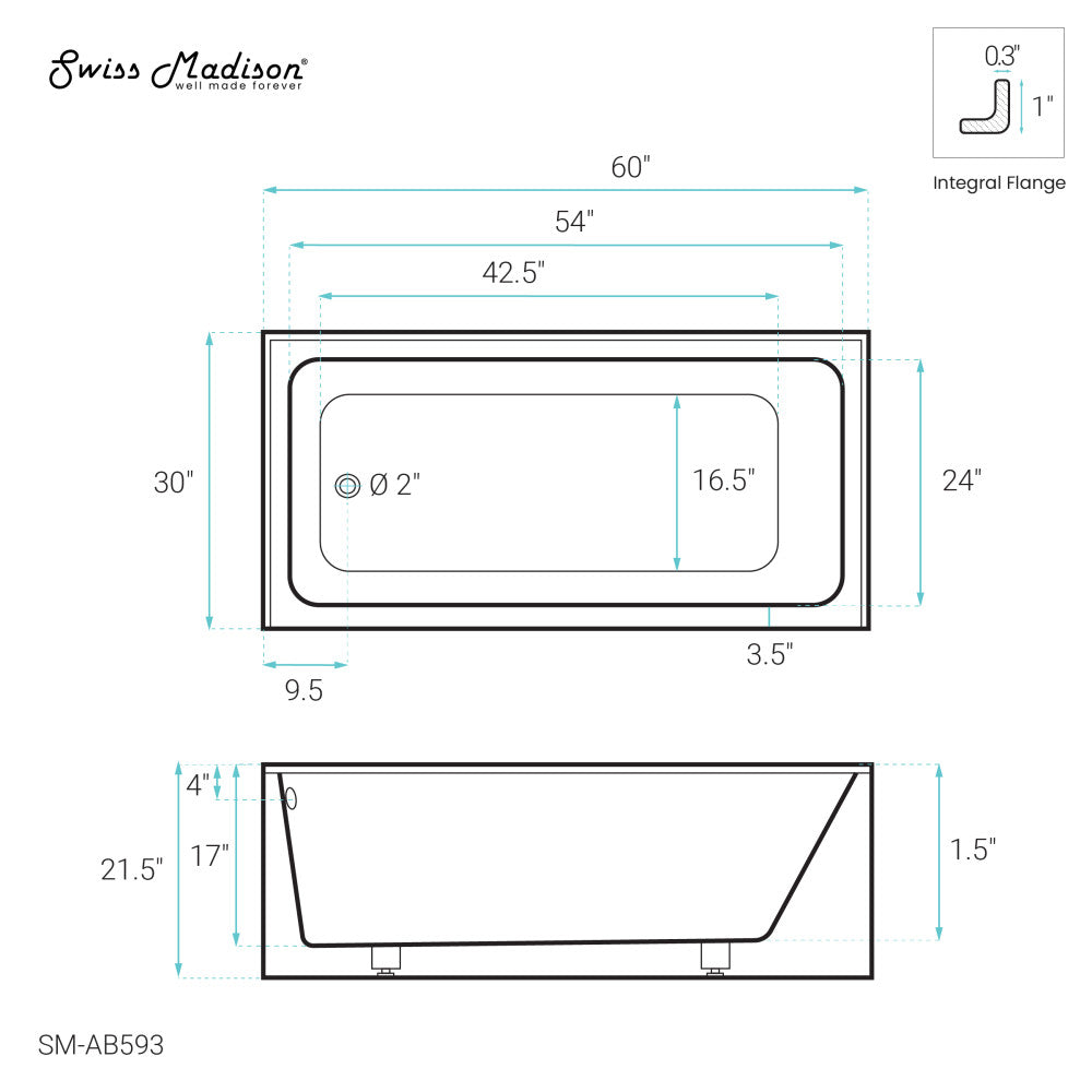 Swiss Madison Voltaire 60 x 30 Skirted Left Drain Soaking Alcove Bathtub in Glossy White