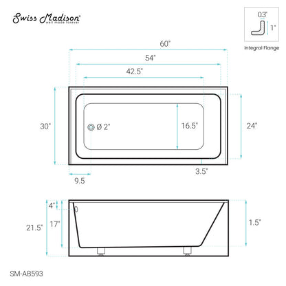 Swiss Madison Voltaire 60 x 30 Skirted Left Drain Soaking Alcove Bathtub in Glossy White