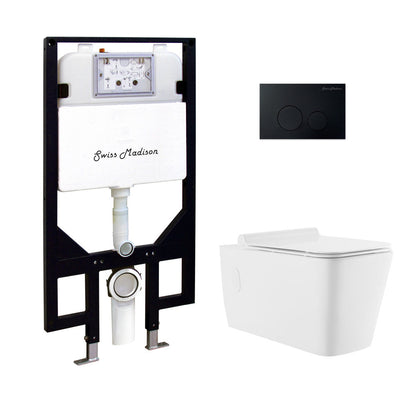Swiss Madison Concorde Wall-Hung Toilet Bundle 0.8/1.6 GPF Dual Flush in Glossy White with Black Flush Plate
