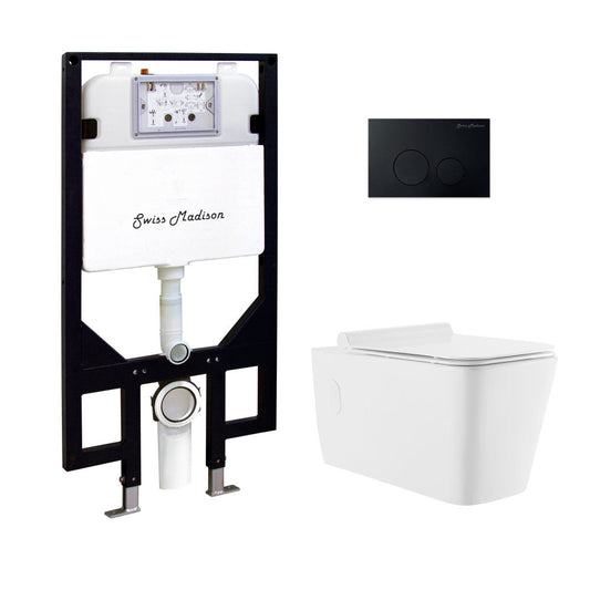 Swiss Madison Concorde Wall-Hung Toilet Bundle 0.8/1.6 GPF Dual Flush in Glossy White with Black Flush Plate