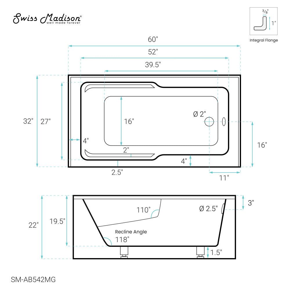 Swiss Madison Voltaire 60" x 32" Right-Hand Drain Alcove Bathtub with Apron and Armrest in Matte Grey