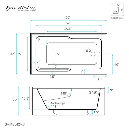 Swiss Madison Voltaire 60" x 32" Right-Hand Drain Alcove Bathtub with Apron and Armrest in Matte Grey
