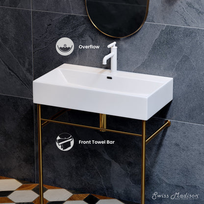Swiss Madison Claire 30 Ceramic Console Sink White Basin Brushed Gold Legs