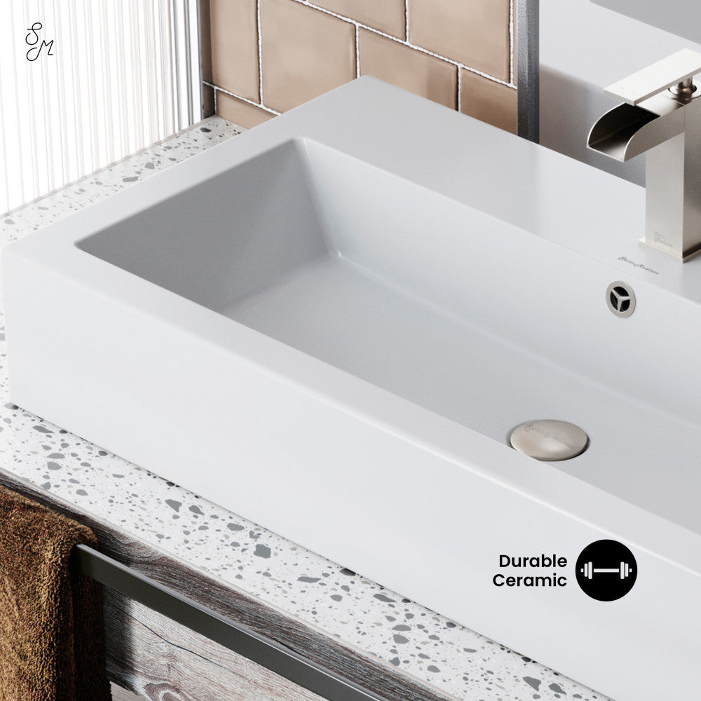 Swiss Madison Voltaire 32" Rectangle Vessel Sink in Glossy White with Faucet Mount