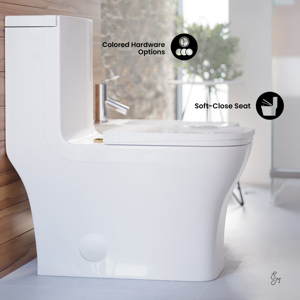 Swiss Madison Concorde One Piece Square Toilet Dual Flush, Brushed Gold Hardware 1.1/1.6 gpf
