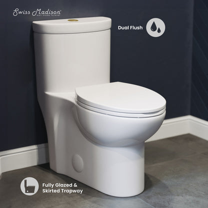 Swiss Madison Sublime One Piece Elongated Toilet Dual Flush, Brushed Gold Hardware 1.1/1.6 gpf