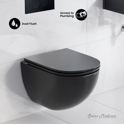 Swiss Madison St. Tropez Wall-Hung Toilet Bundle 0.8/1.6 GPF Dual Flush in Matte Black with Black Flush Plate