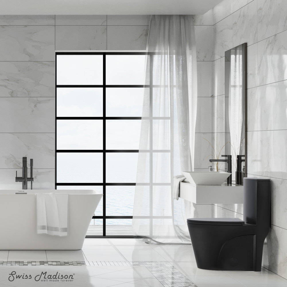 Swiss Madison St. Tropez One-Piece Elongated Toilet Left Side Vortex Flush Handle in Matte Black 1.28 gpf
