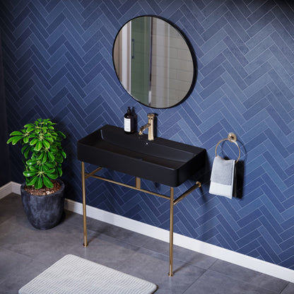 Swiss Madison Carre 36 Ceramic Console Sink Matte Black Basin Gold Legs