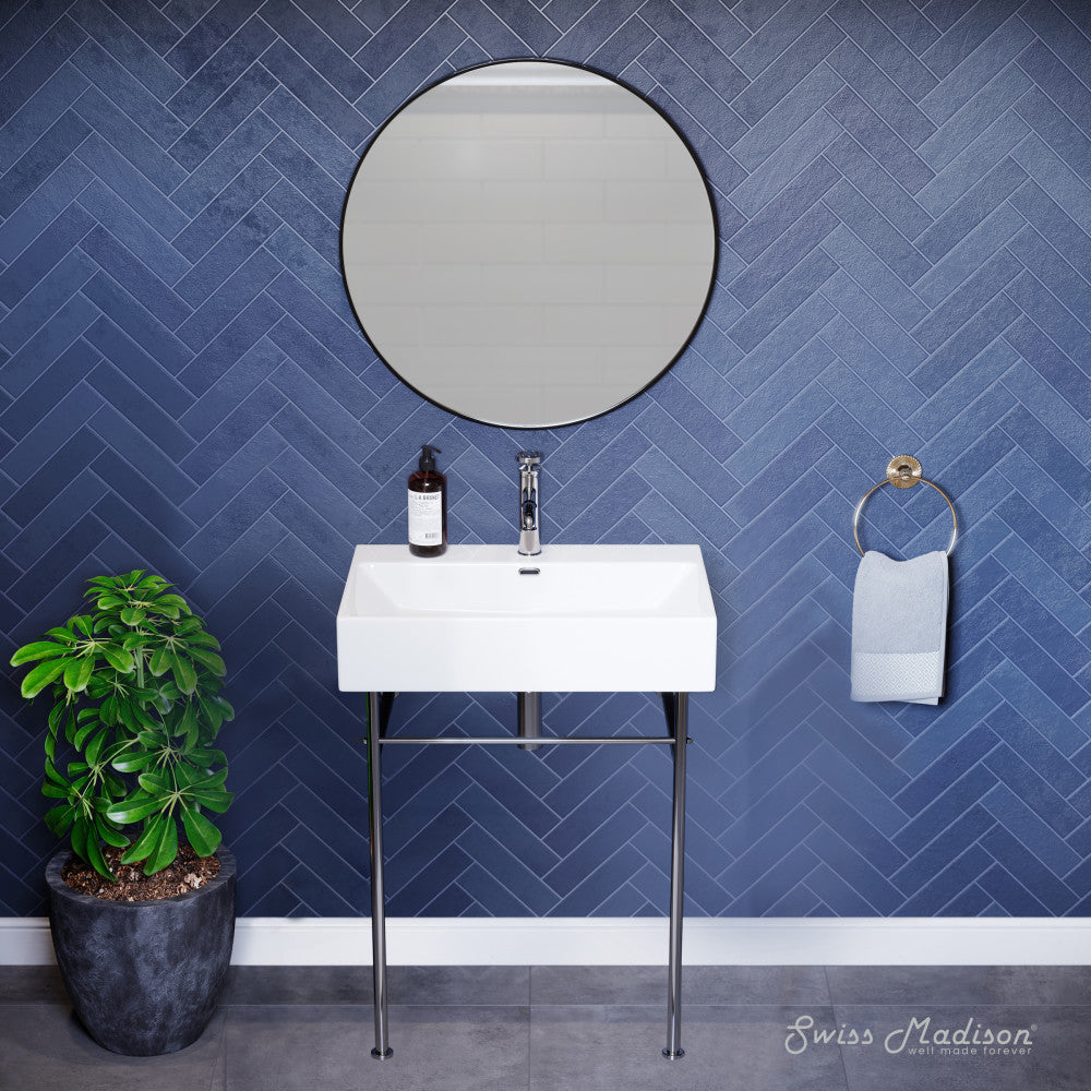 Swiss Madison Claire 24 Ceramic Console Sink White Basin Chrome Legs
