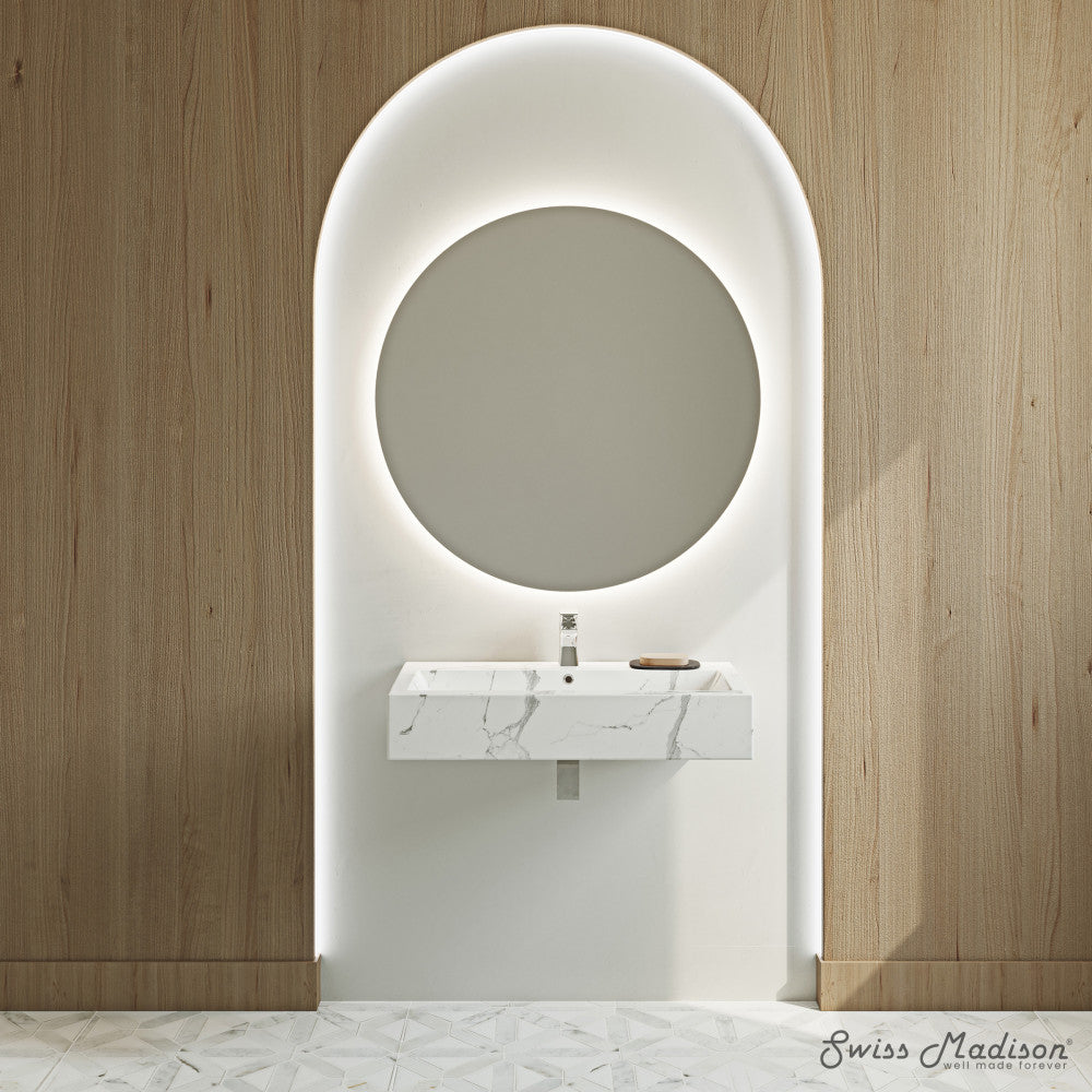 Swiss Madison Voltaire Wide Rectangle Wall Hung Sink in White Marble