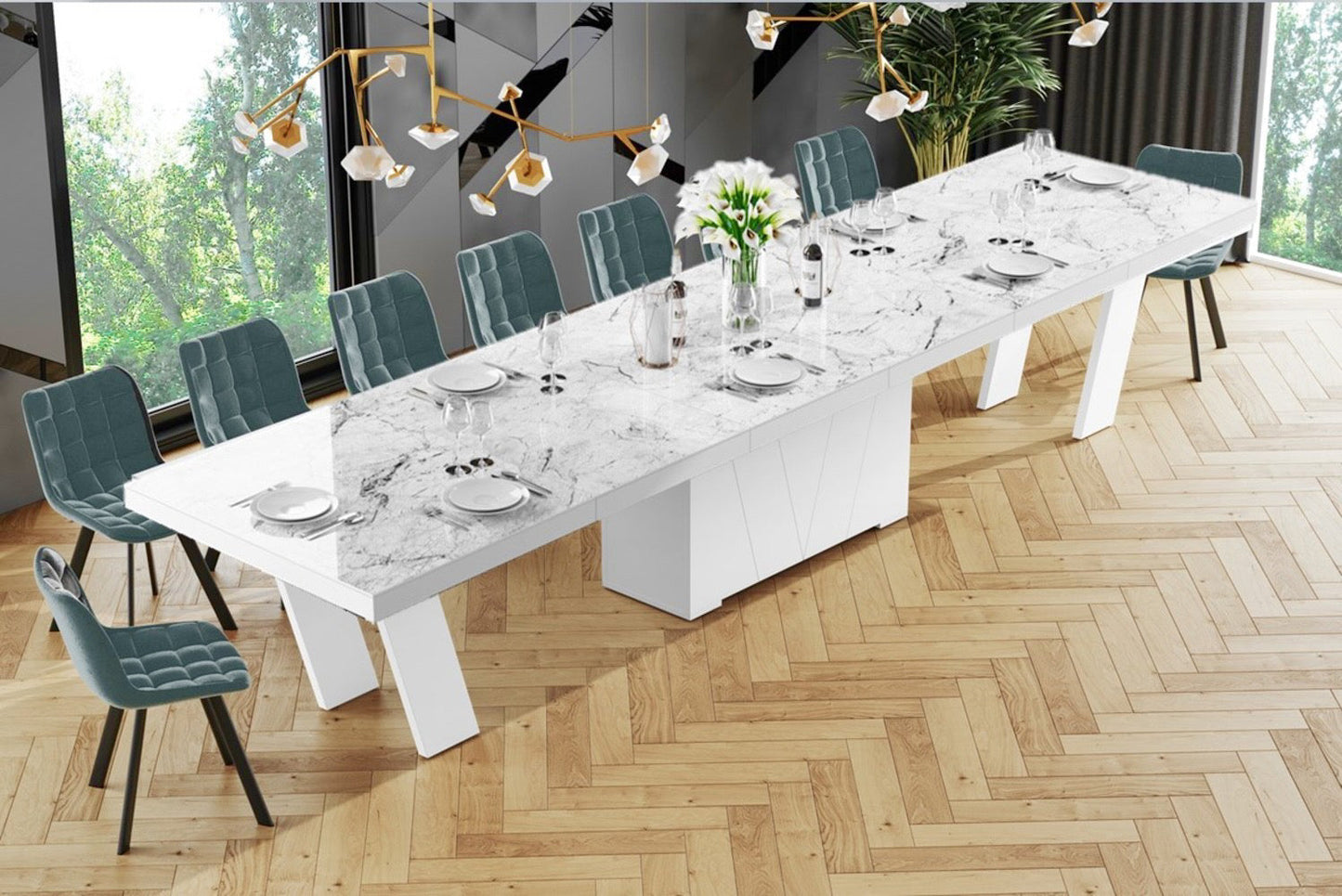 Maxima House Dining Set ALETA 11 pcs. modern Venatino/White glossy Dining Table with 10 chairs