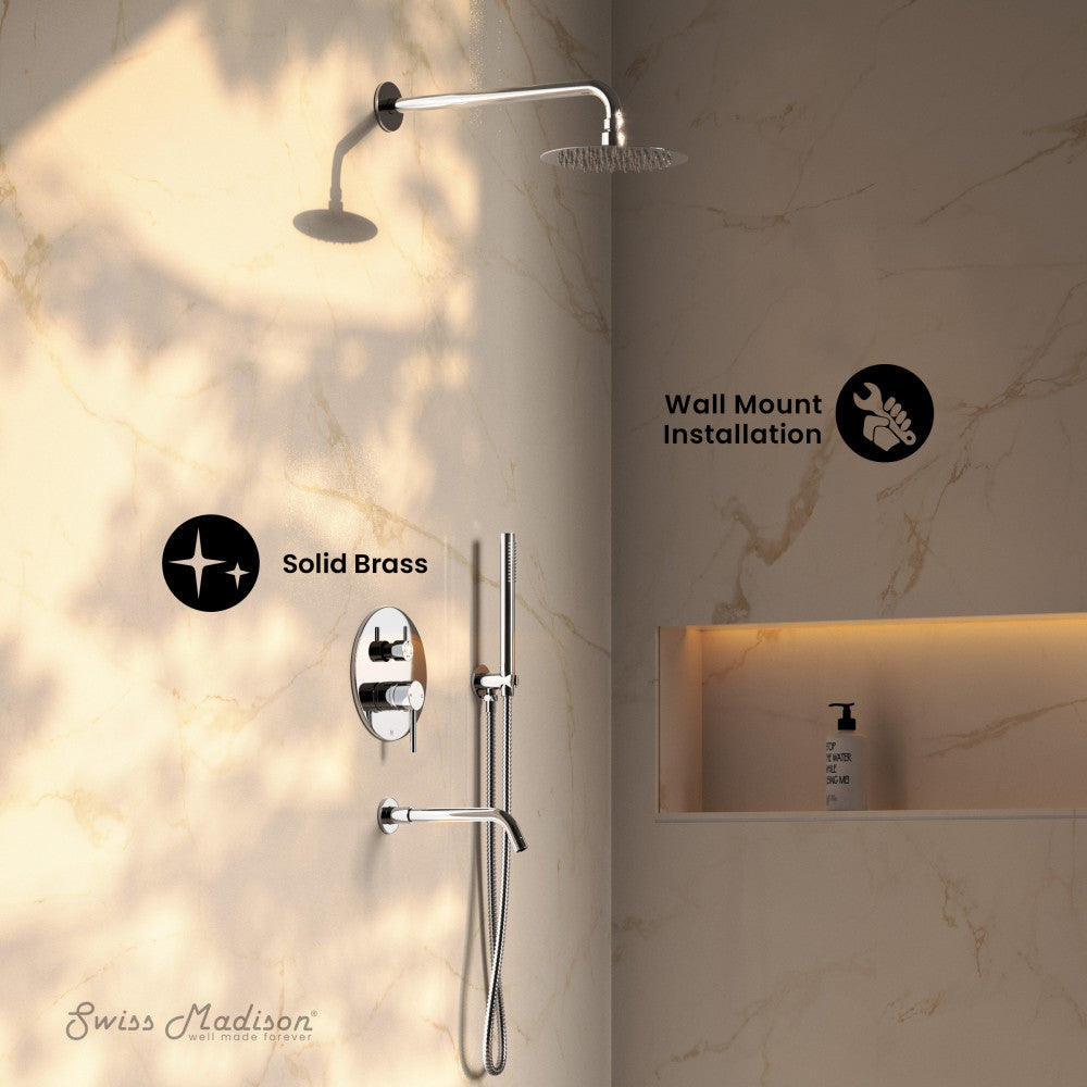 Swiss Madison Ivy 1.8 GPM Wall Mount Fixed Shower Head with Hand Sprayer and Tub Filler in Polished Chrome, Valve Included