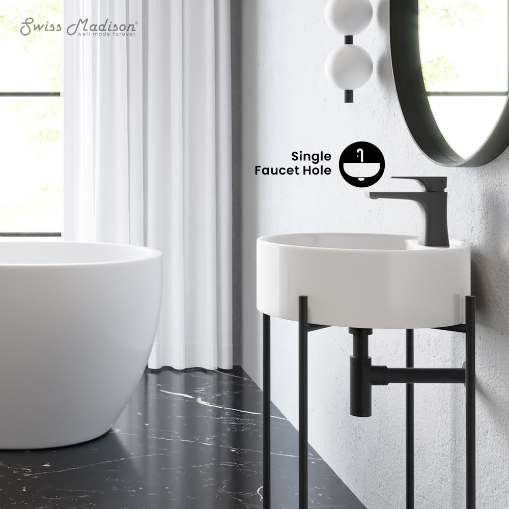 Swiss Madison Monaco 16" Round Console Sink with Faucet Mount, White Basin Matte Black Legs