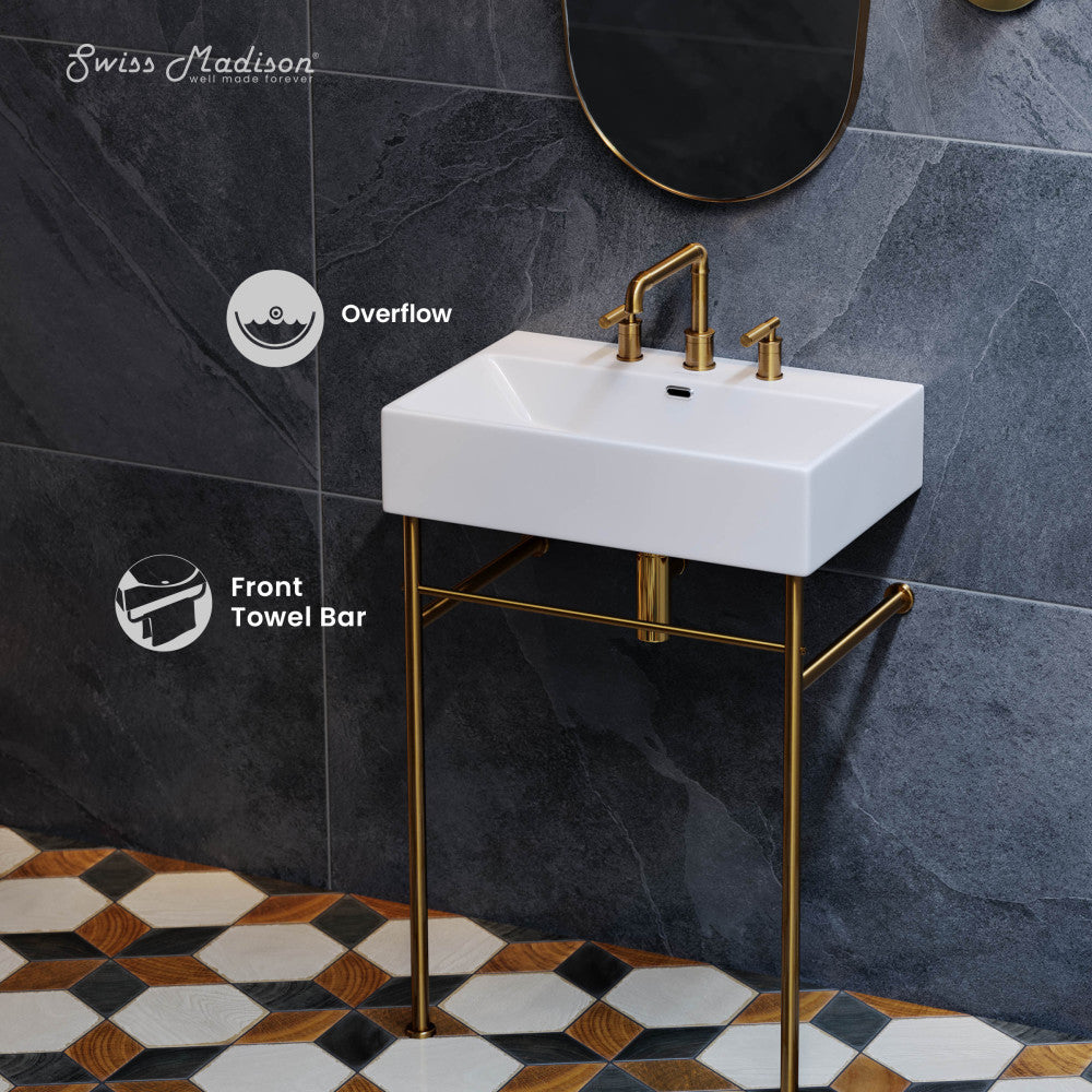 Swiss Madison Claire 24" Console Sink White Basin Brushed Gold Legs with 8" Widespread Holes