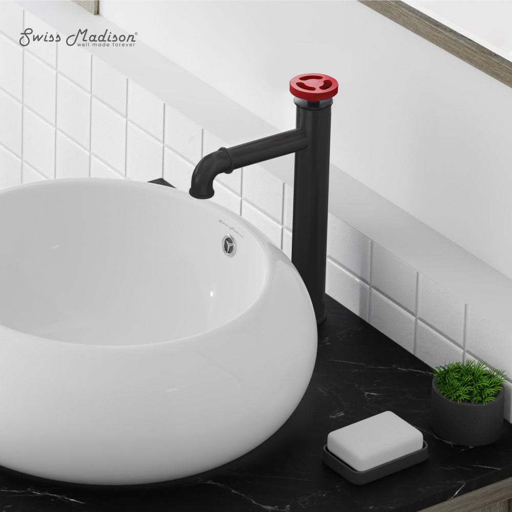 Swiss Madison Avallon Single Hole, Single-Handle Wheel, High Arc Bathroom Faucet in Matte Black with Red Handles