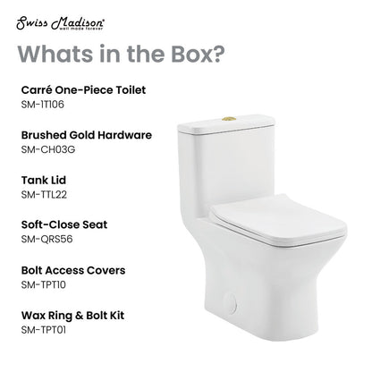 Swiss Madison Carre One Piece Square Toilet Dual Flush, Brushed Gold Hardware 1.1/1.6 gpf
