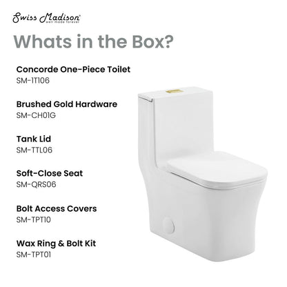 Swiss Madison Concorde One Piece Square Toilet Dual Flush, Brushed Gold Hardware 1.1/1.6 gpf