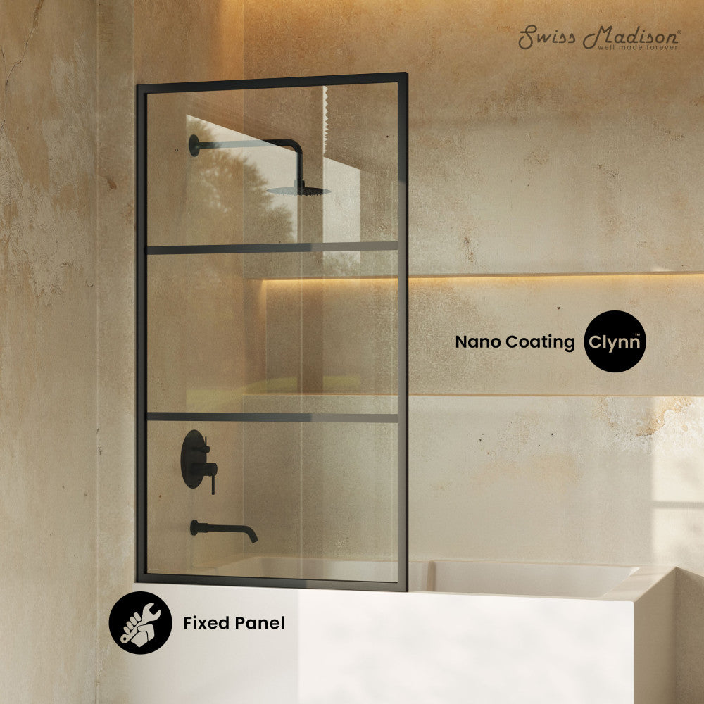 Swiss Madison Claire 34 x 58 Framed Fixed 3/8 in. (10mm) Clear Tempered Glass Tub Door with Black Matte Frame