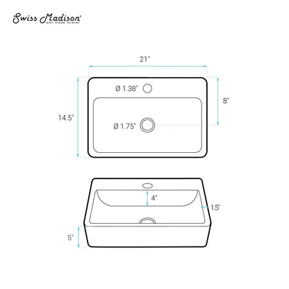 Swiss Madison Claire 20 Rectangle Ceramic Vessel Sink, Matte White