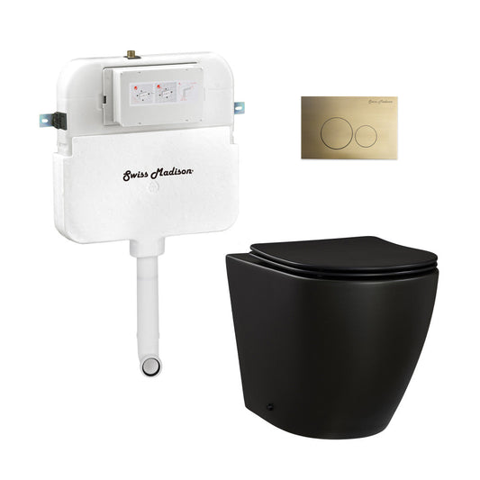 Swiss Madison St. Tropez Back-to-Wall Toilet Bundle 0.8/1.6 GPF Dual Flush in Matte Black with Brass Flush Plate