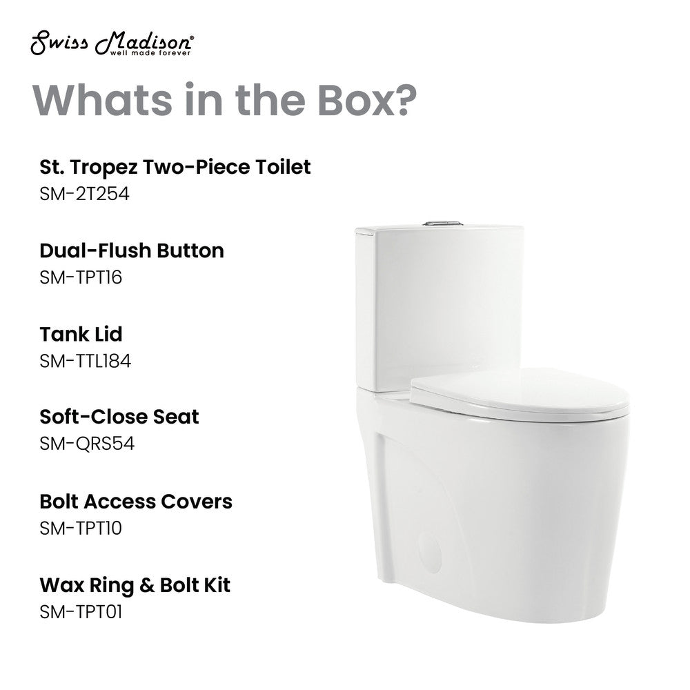 Swiss Madison St. Tropez Two-Piece 12" Rough-in 1.1/1.6 GPF Dual Top Flush Elongated Toilet in Glossy White