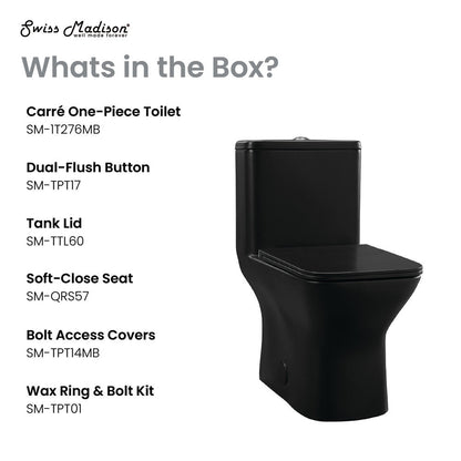 Swiss Madison Carre One Piece Square Toilet Dual Flush 1.1/1.6 gpf with 10" Rough-In, Matte Black