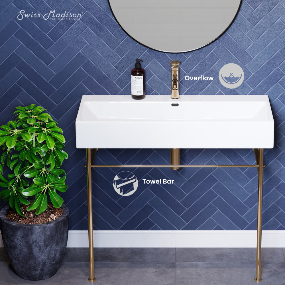 Swiss Madison Claire 40 Ceramic Console Sink White Basin Gold Legs