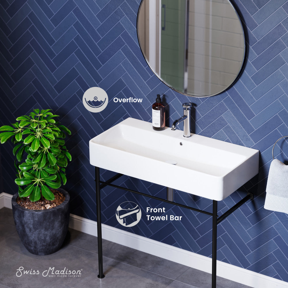 Swiss Madison Carre 36" Ceramic Console Sink White Basin Black Legs