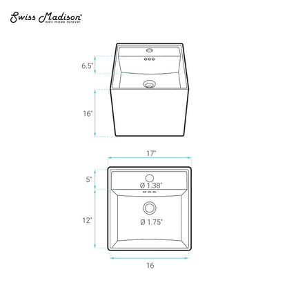 Swiss Madison Pur 16.5" Square Wall-Mount Bathroom Sink