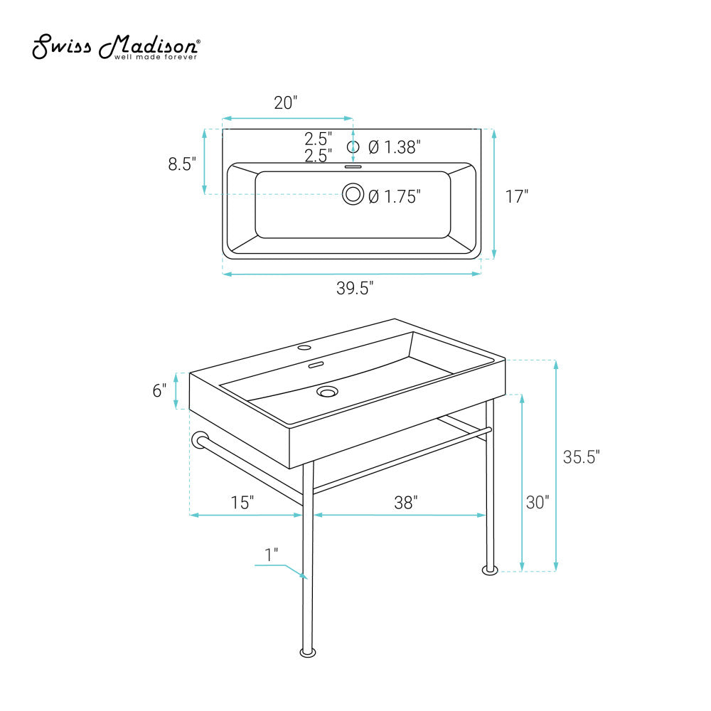 Swiss Madison Claire 40 Ceramic Console Sink White Basin Gold Legs