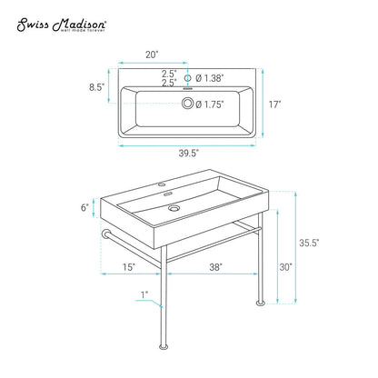 Swiss Madison Claire 40 Ceramic Console Sink White Basin Gold Legs