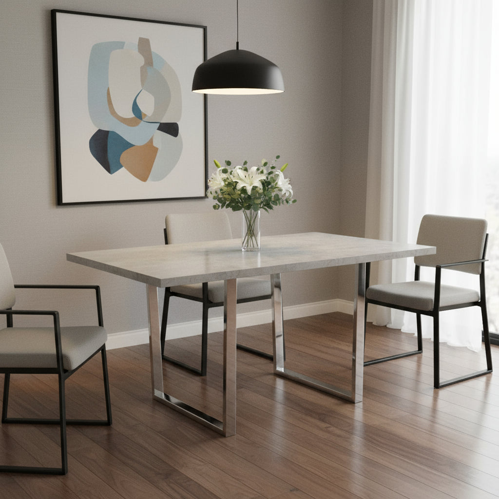 Tabselect Home Line 59" x 35.5" Dining Table, Particle Board Top, Metal Legs, Gray, 4 Seater