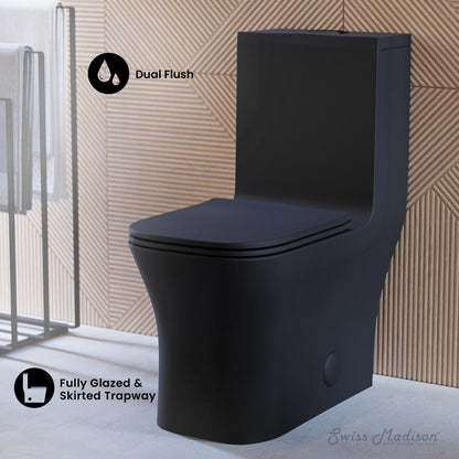Swiss Madison Concorde One Piece Square Toilet Dual Flush in Matte Black, Black Hardware 1.1/1.6 gpf