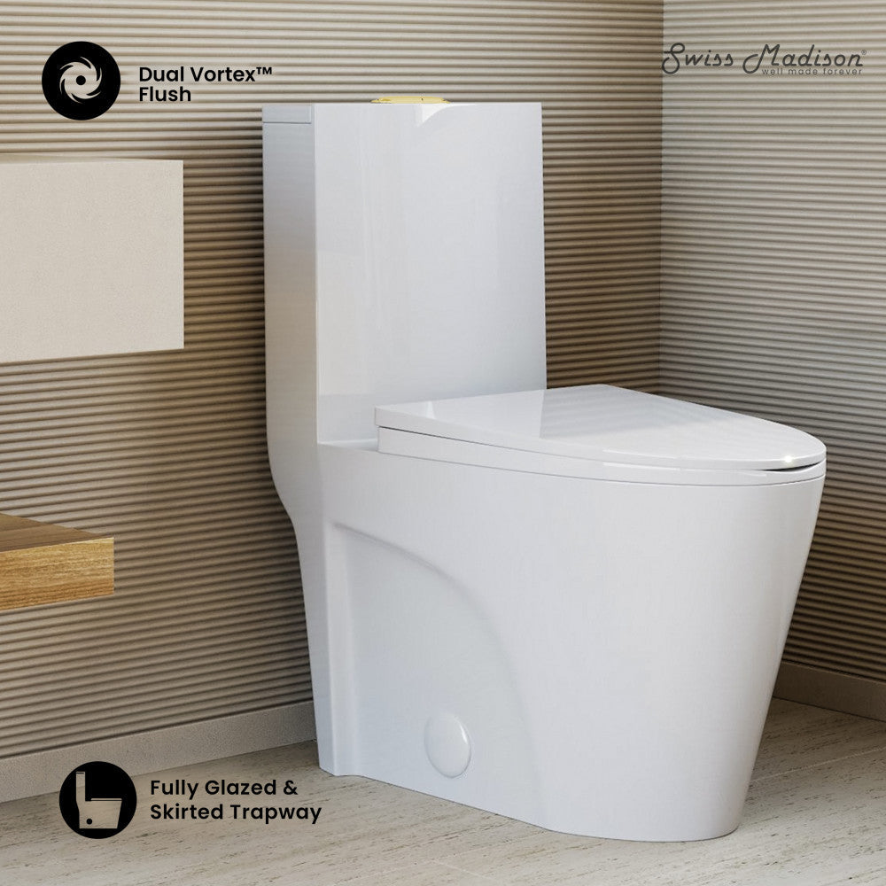 Swiss Madison St. Tropez One Piece Elongated Toilet Dual Vortex Flush, Gold Hardware