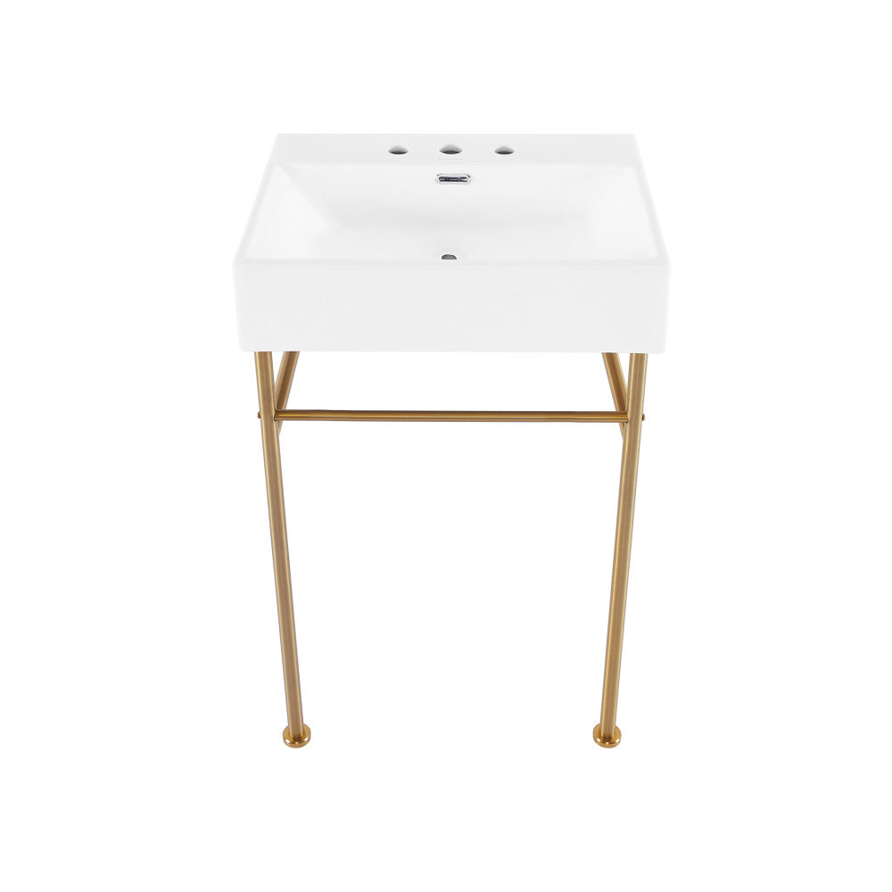 Swiss Madison Claire 24" Console Sink White Basin Brushed Gold Legs with 8" Widespread Holes