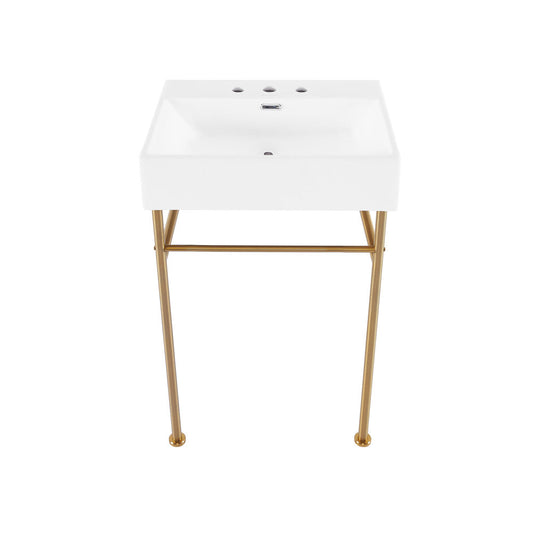 Swiss Madison Claire 24" Console Sink White Basin Brushed Gold Legs with 8" Widespread Holes