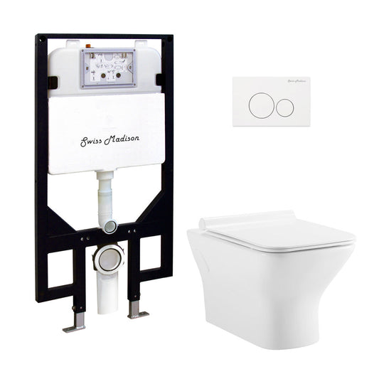 Swiss Madison Carre Wall-Hung Toilet Bundle 0.8/1.6 GPF Dual Flush in Glossy White with White Flush Plate