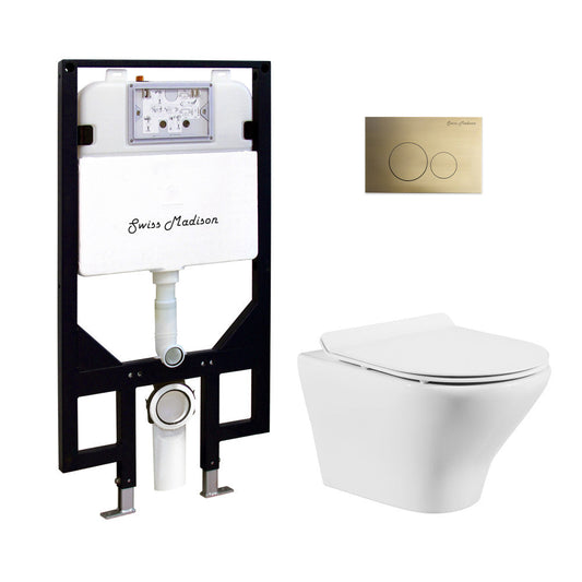 Swiss Madison Monaco Wall-Hung Toilet Bundle 0.8/1.6 GPF Dual Flush in Glossy White with Brass Flush Plate
