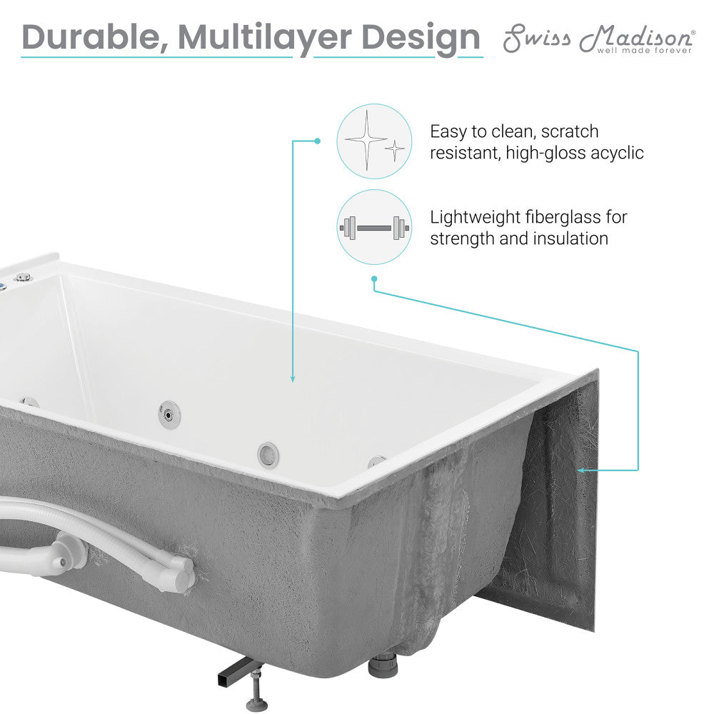 Swiss Madison Avancer 60" x 36" Left-Hand Drain Rectangular Alcove Whirlpool Bathtub with Apron