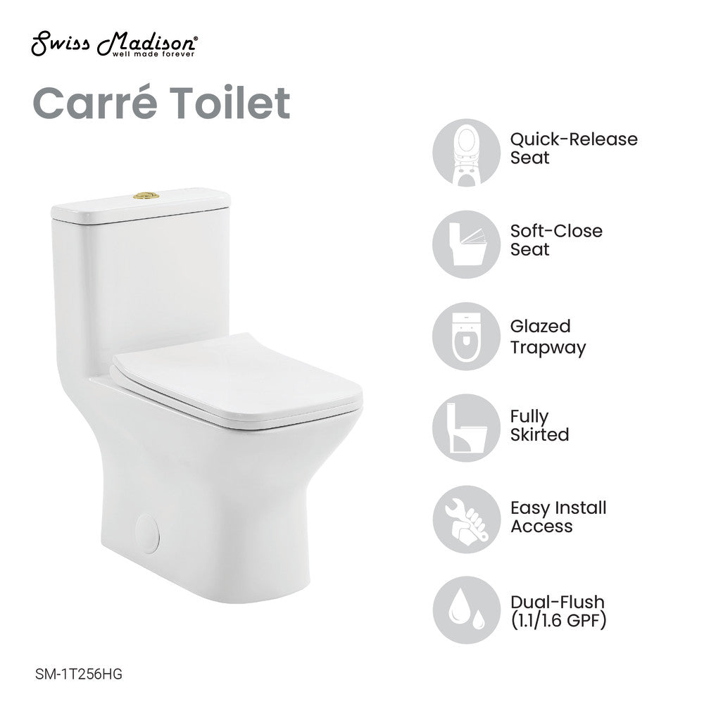 Swiss Madison Carre One Piece Square Toilet Dual Flush, Brushed Gold Hardware 1.1/1.6 gpf