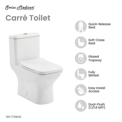 Swiss Madison Carre One Piece Square Toilet Dual Flush, Brushed Gold Hardware 1.1/1.6 gpf